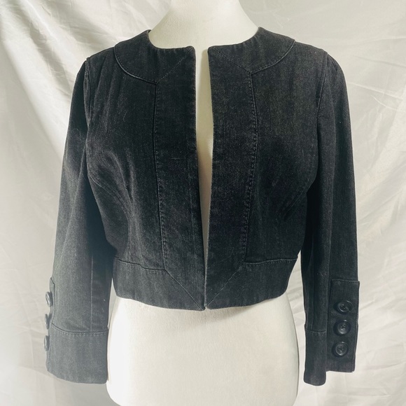 Ann Taylor LOFT Cropped Open Front Denim Jacket Black Fitted Detailed Size 8 EUC - Picture 1 of 12